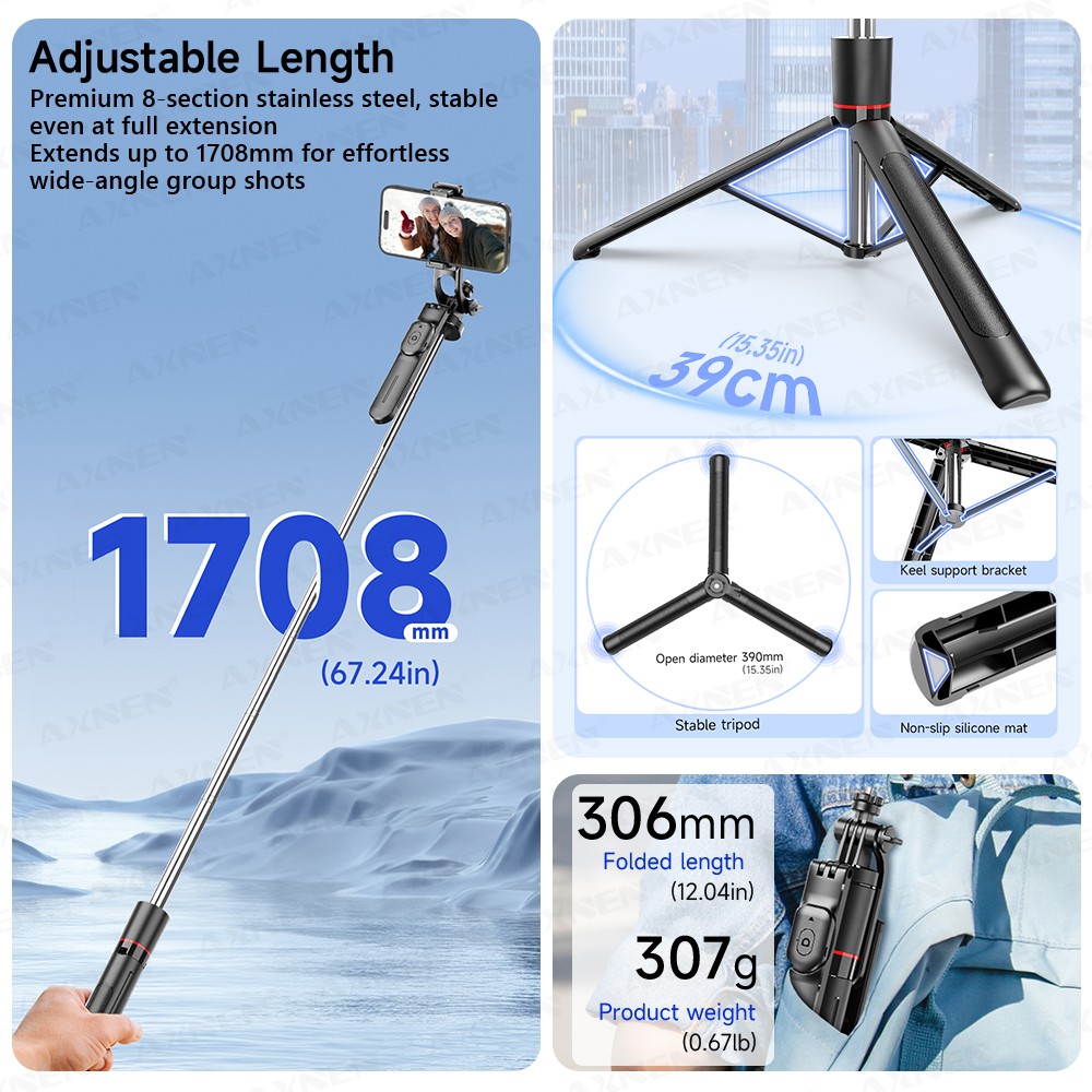 F16 Selfie Stick Tripod with 1708mm Long 8-Section Pole 4