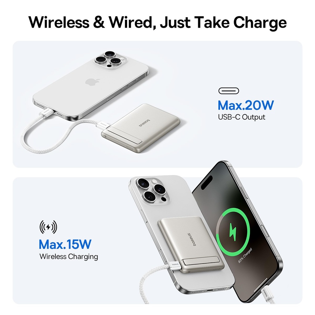 Baseus Qi2 Magnetic Power Bank With Kickstand PD 20W 5000mAh 3
