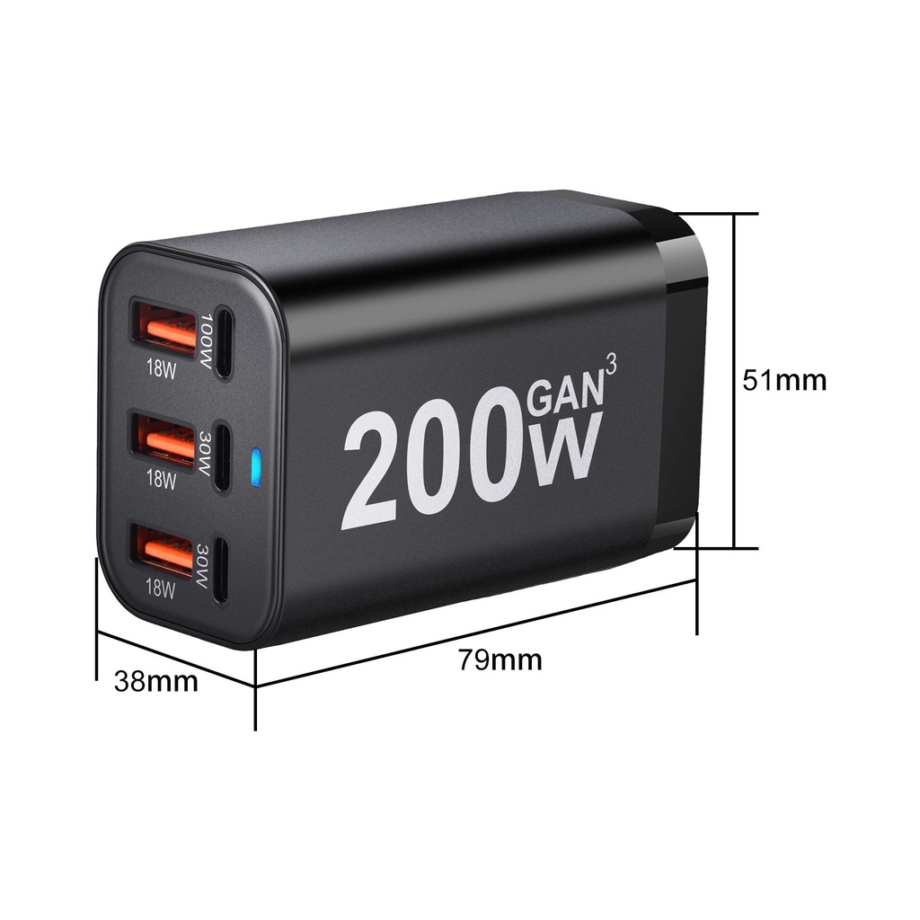 USB C Fast 200W 6-Port Charging Fast GaN Charger Power Adapt 6