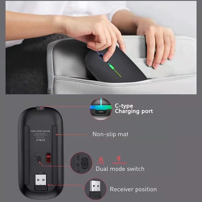 Wireless Mouse RGB Rechargeable USB 2.4GHz Bluetooth Mice Wi 6