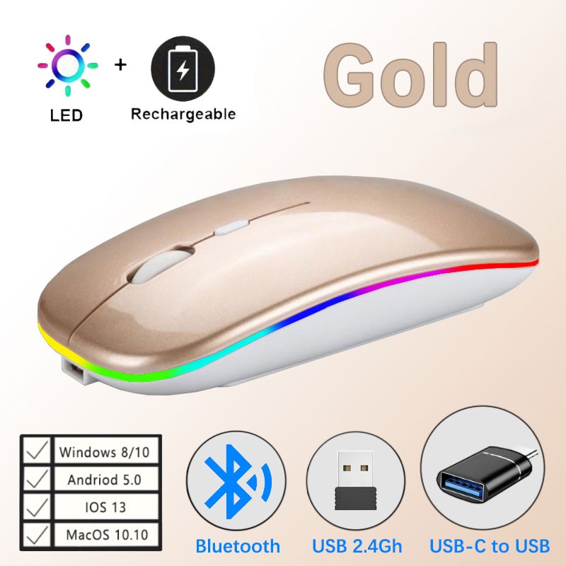 Wireless Rechargeable Mouse With LED Backlight Bluetooth With Type-C (Gold)